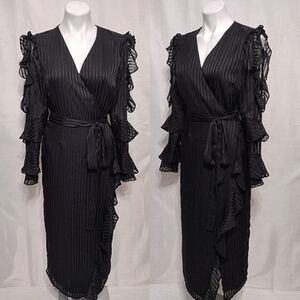 Bardot Damask Stripe Ruffled Cold Shoulder Wrap Midi Dress Elegant Edgy Glam 8